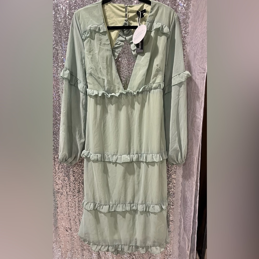 Boohoo Light Green Ruffle Dress